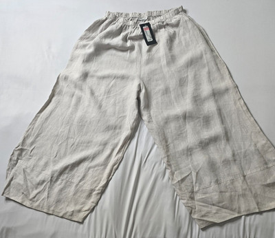 Bryn Walker Women Linen Pants Gray Taupe Relaxed Fit Elastic