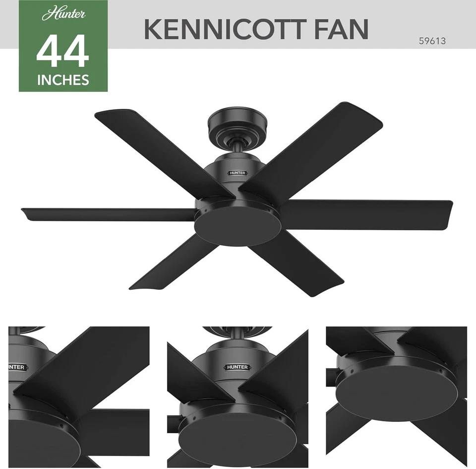 New Hunter Kennicott 44” Matte Black Indoor Outdoor Ceiling Fan 59613 - Image 2 of 4