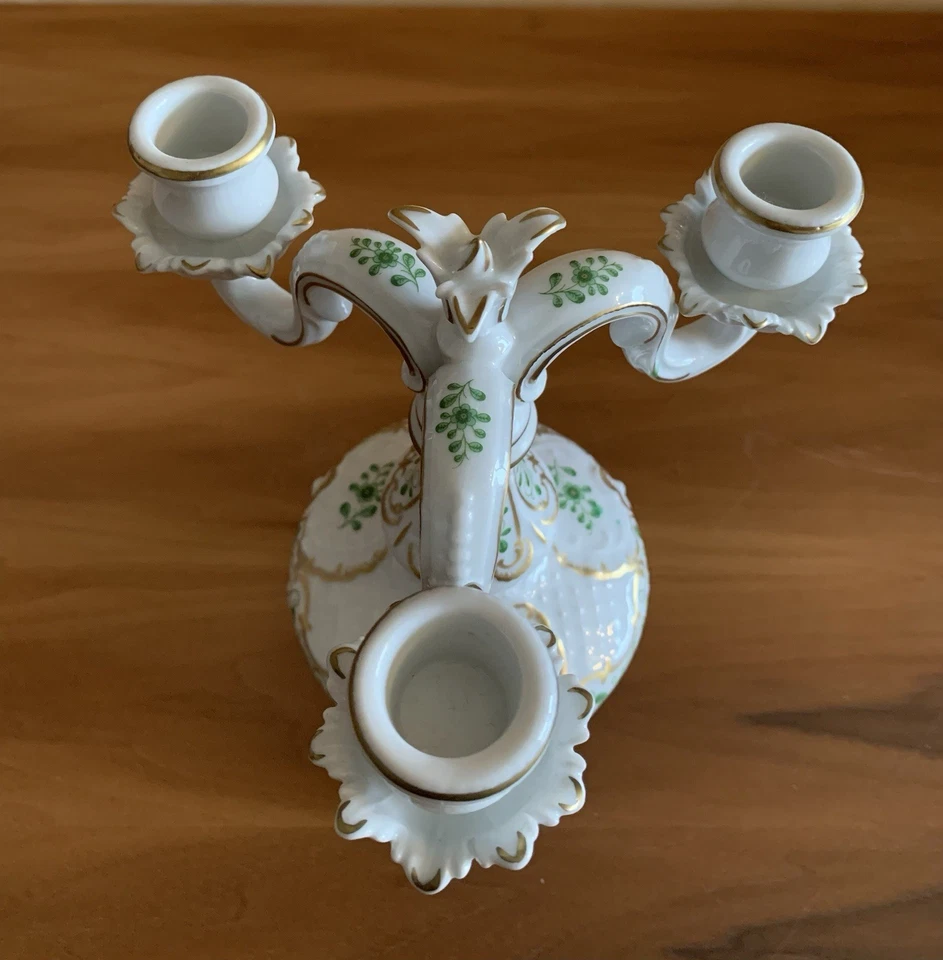 Lindner Kueps Marie-Luise Kerzenhalter Alte Ranke Grün Porzellan 3 Arme Top Zust - Bild 2 von 4
