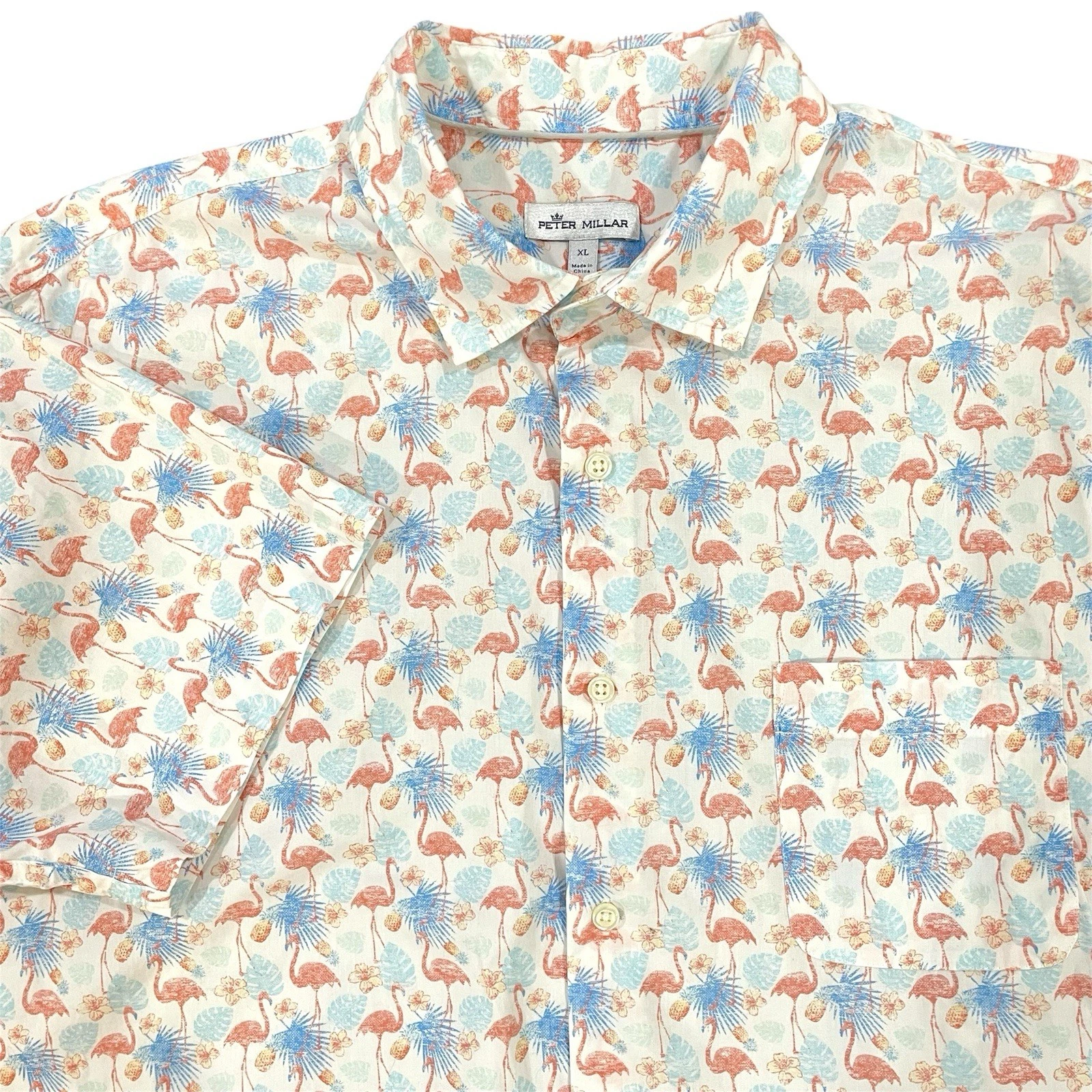 Peter Millar Shirt Mens XL Short Sleeve White Floral Button Up Beach Flamingo