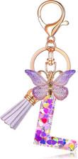Initial letter Keychains for Women Tassel Butterfly Pink Purple Cute Car Keychai