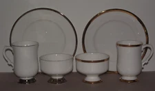 Royal Victoria fine china England dish set plate bowl teacup silver gold rim ~G