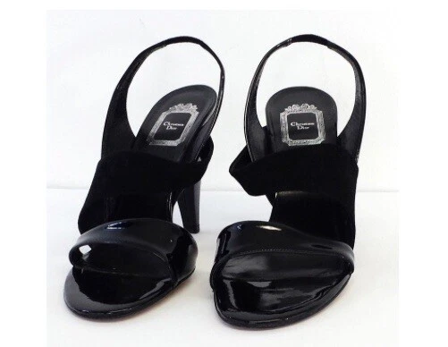 Talons élingue en cuir verni noir Christian Dior. Taille 35,5