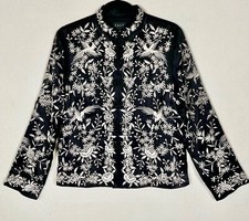 ✩elegant *east* Black Oriental 100% Silk Bird Floral Jacket Top 12✩