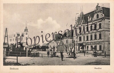 Postcard - DR - Beckum / Westphalia - North Gate - Road section with railway barrier ~ 1910/20