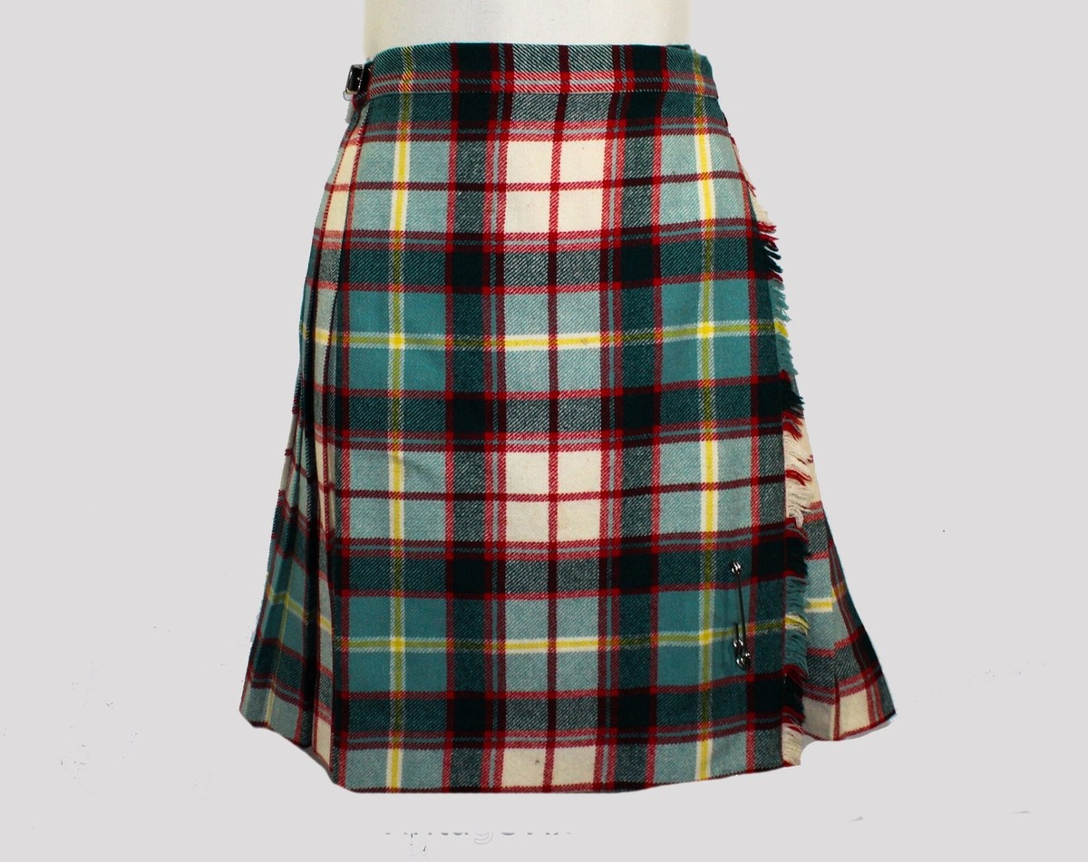 Scottish Kilt Skirt Small Green Red Tartan Plaid Pleated Wrap