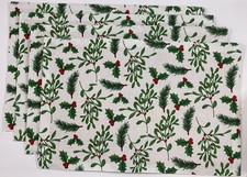 Christmas Placemats set of 4...holly, pine, mistletoe branches 12" x 18" New