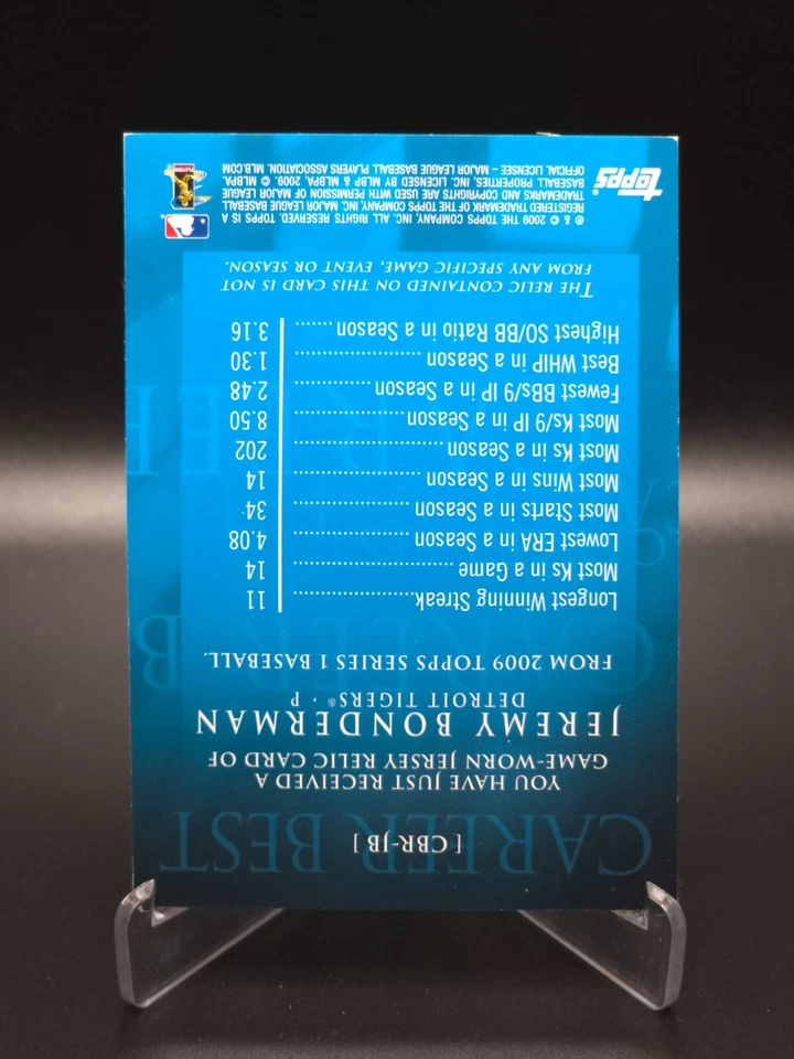 Jeremy Bonderman 2009 Topps Serie 1 Carrera de Béisbol Mejor Camiseta Tigres #CBR-JB Foto 4 de 4