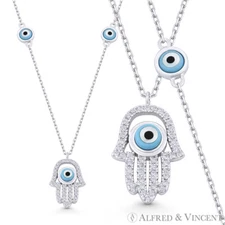 Hamsa Hand Evil Eye Bead Charm CZ Crystal 925 Sterling Silver Pendant & Necklace