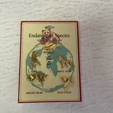 Endangered Species Pins White Tiger Eagle Bear Wolf & Manatee Set Of 5 On Card