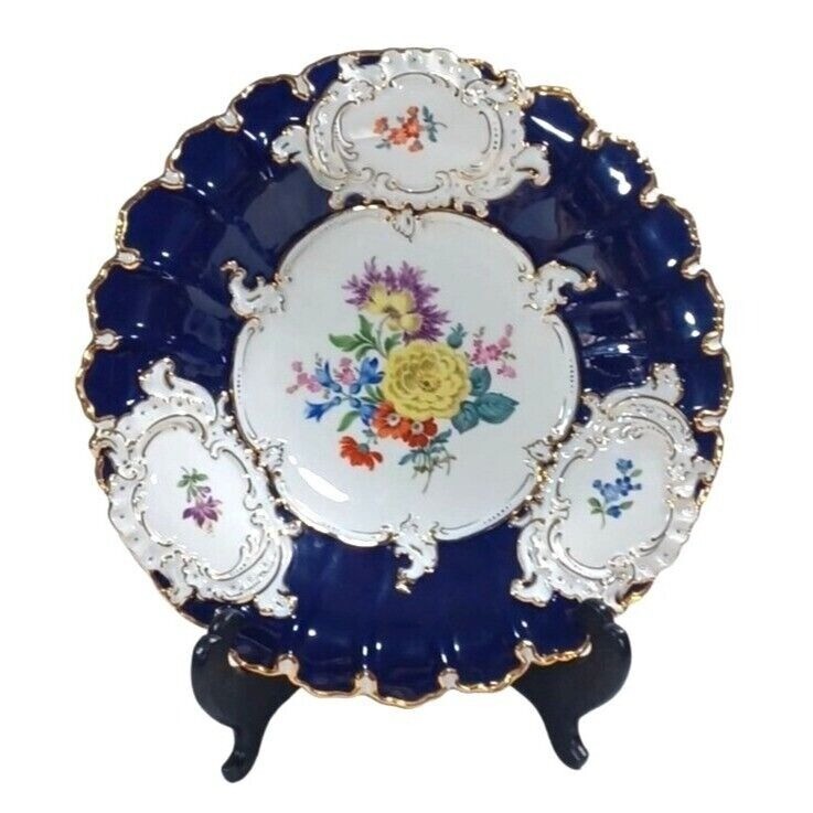 HUGE MEISSEN PORCELAIN B Form Cake Plate Cobalt Blue Flower 23K