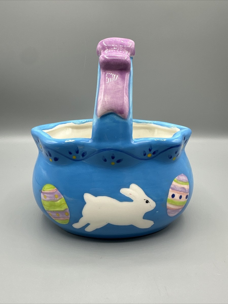 Easter Basket w/Handle Rabbit Decor Ceramic x 6
