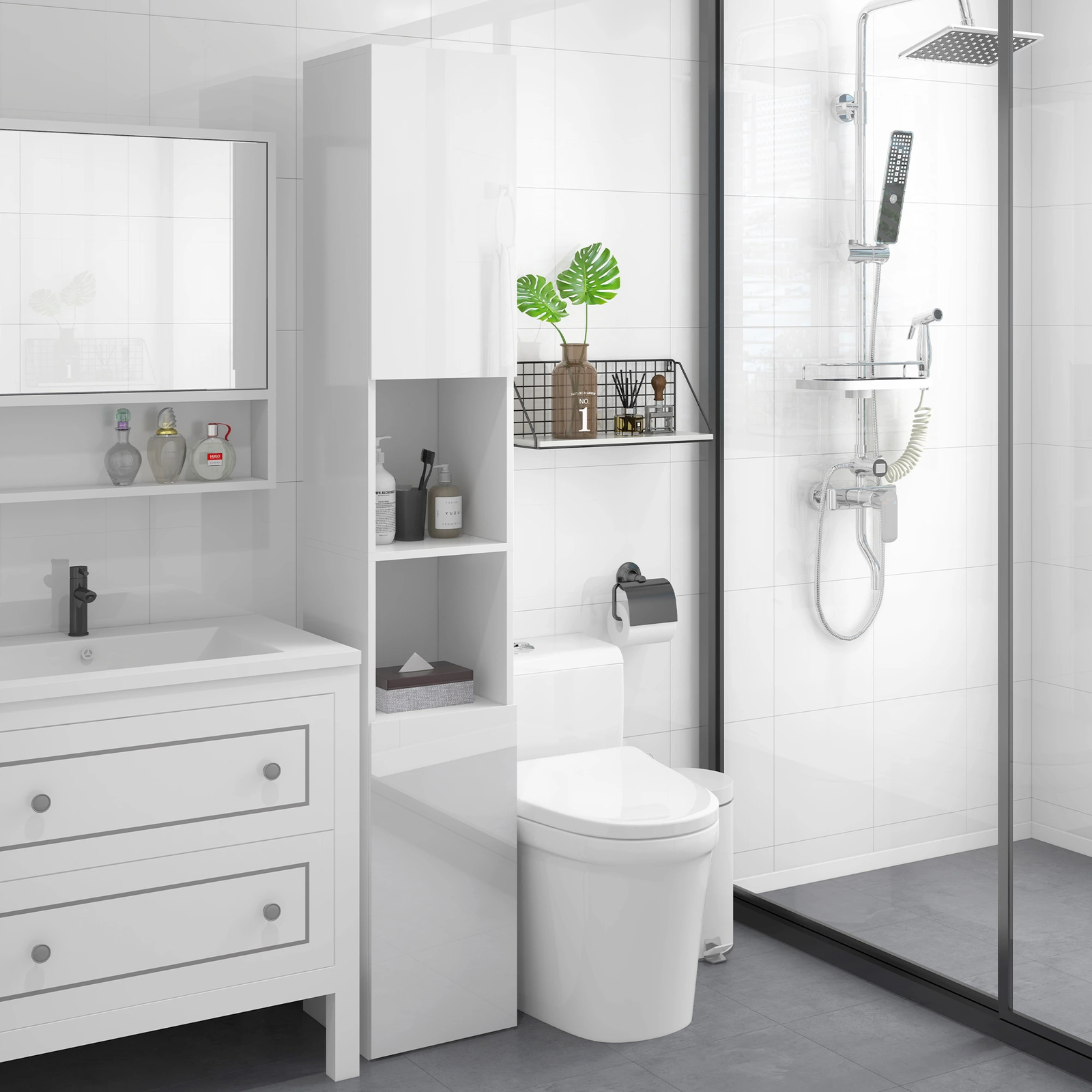 High Gloss Slimline Bathroom Tallboy Free Standing Tall Storage