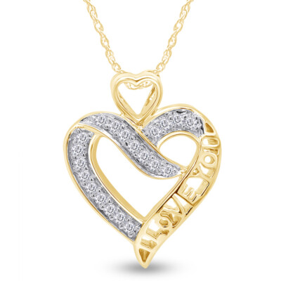 White Natural Diamond I Love You Heart Pendant 14K Yellow Gold Plated (1/7 Cttw)