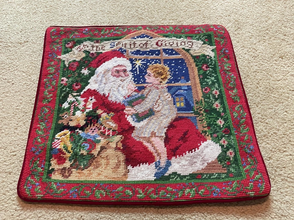 NUEVA Funda Almohada Lana Punta Aguja Árbol de Navidad Vintage Papá Noel Niño Foto 3 de 4