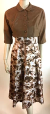 1950s Vintage  Princess Empire A-Line Brown Abstract Dress With Jacket Set S