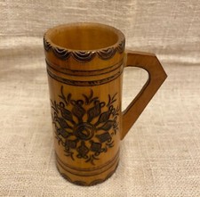 Vintage Hand Carved Wooden Mug Tankard With Handle   13 cm Ethnic Folk Art Decor