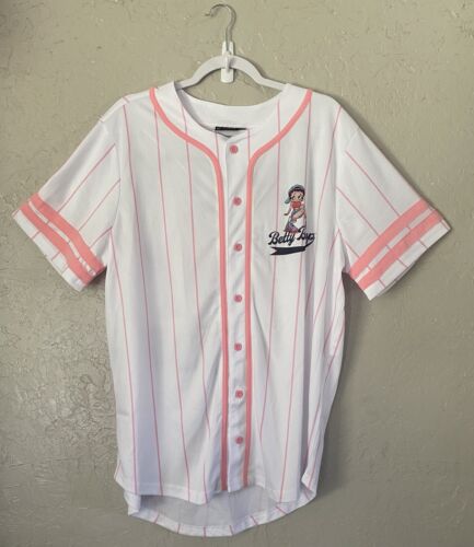 New Betty Boop White Pink Retro Button Baseball Jersey Size Large - Afbeelding 1 van 11