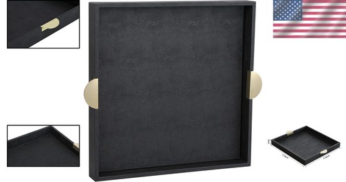 Stylish Black Faux Leather Decorative Serving Tray with Gold Handle Accents - Picture 2 of 11