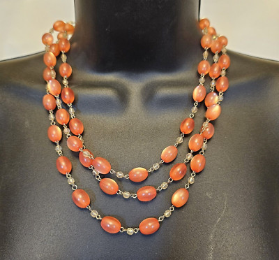Vintage Robert Rose 3 strand necklace Coral Color Oval Beads Signed