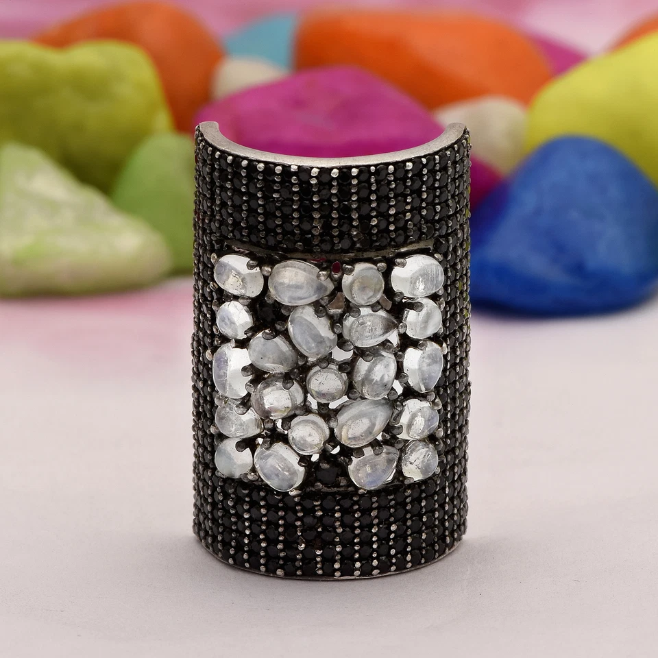 Big Finger 925 Silver Moonstone Black Spinal Gemstone Cluster Ring - Image 2 of 3
