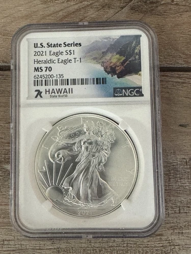 U.S.State Series 2021 Heraldic Eagle T-1, $1 MS 70 NGC, .999 Fine Silver Coin