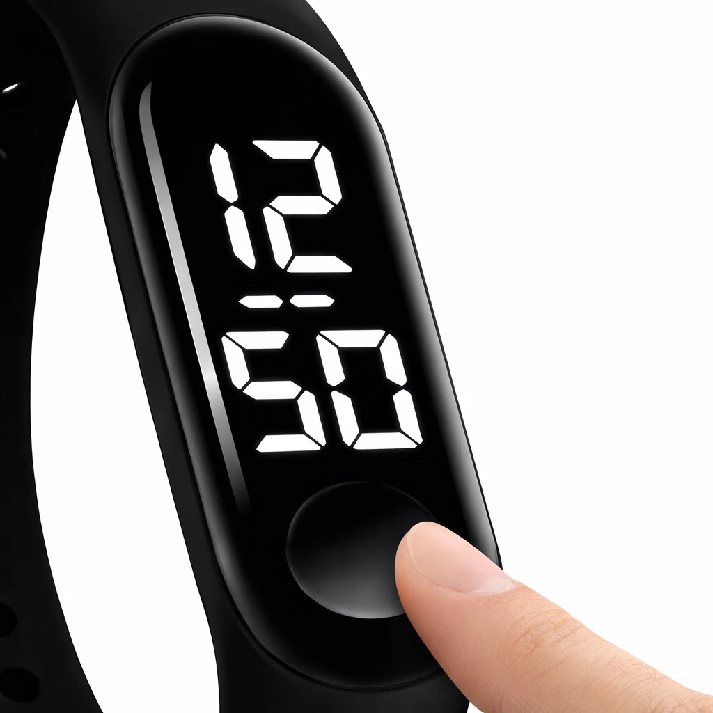 Close up LED time display with touch button
