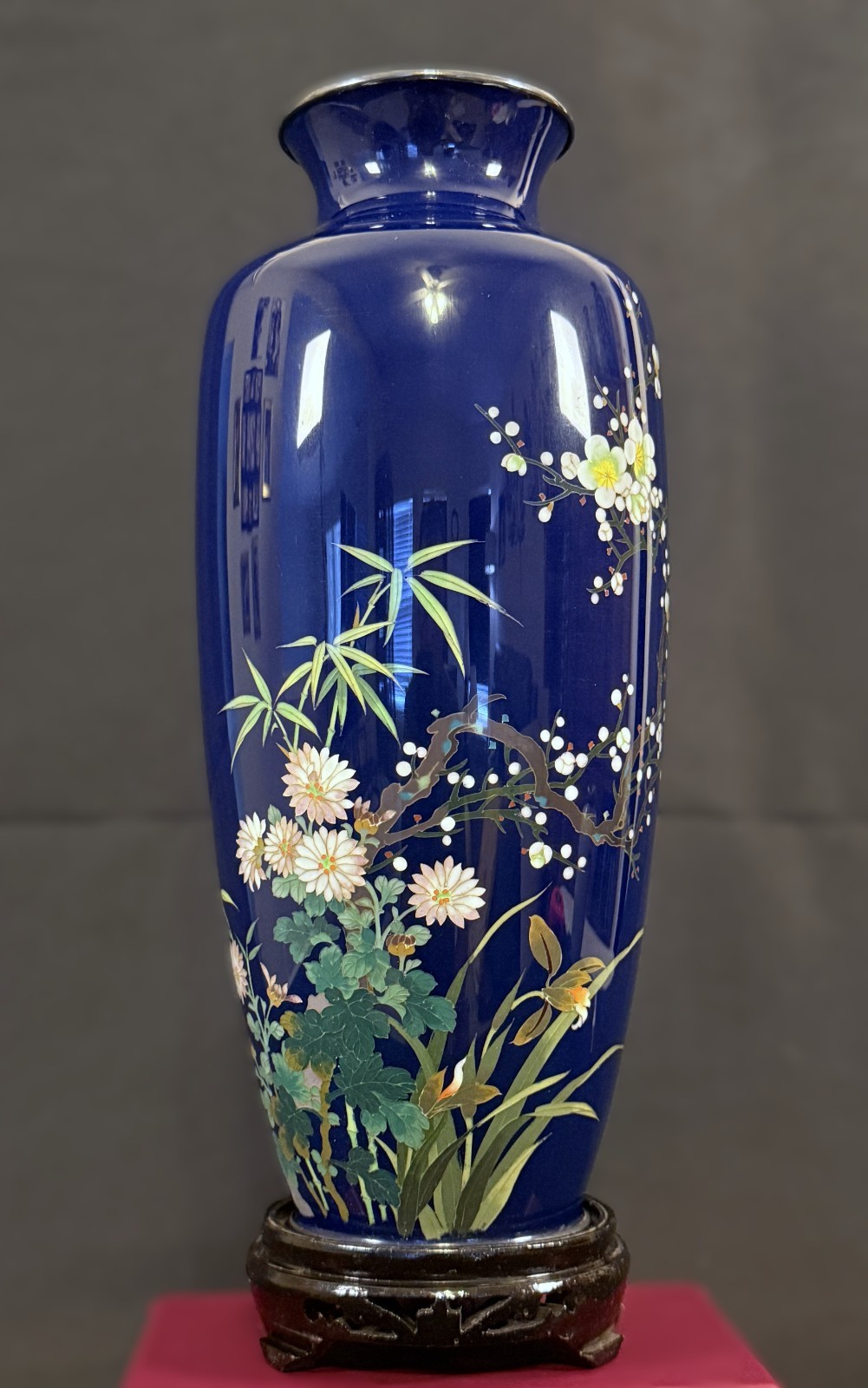 Antique Japanese Cloisonne Silver Rims Four Gentlemen Royal Blue 12 Inch