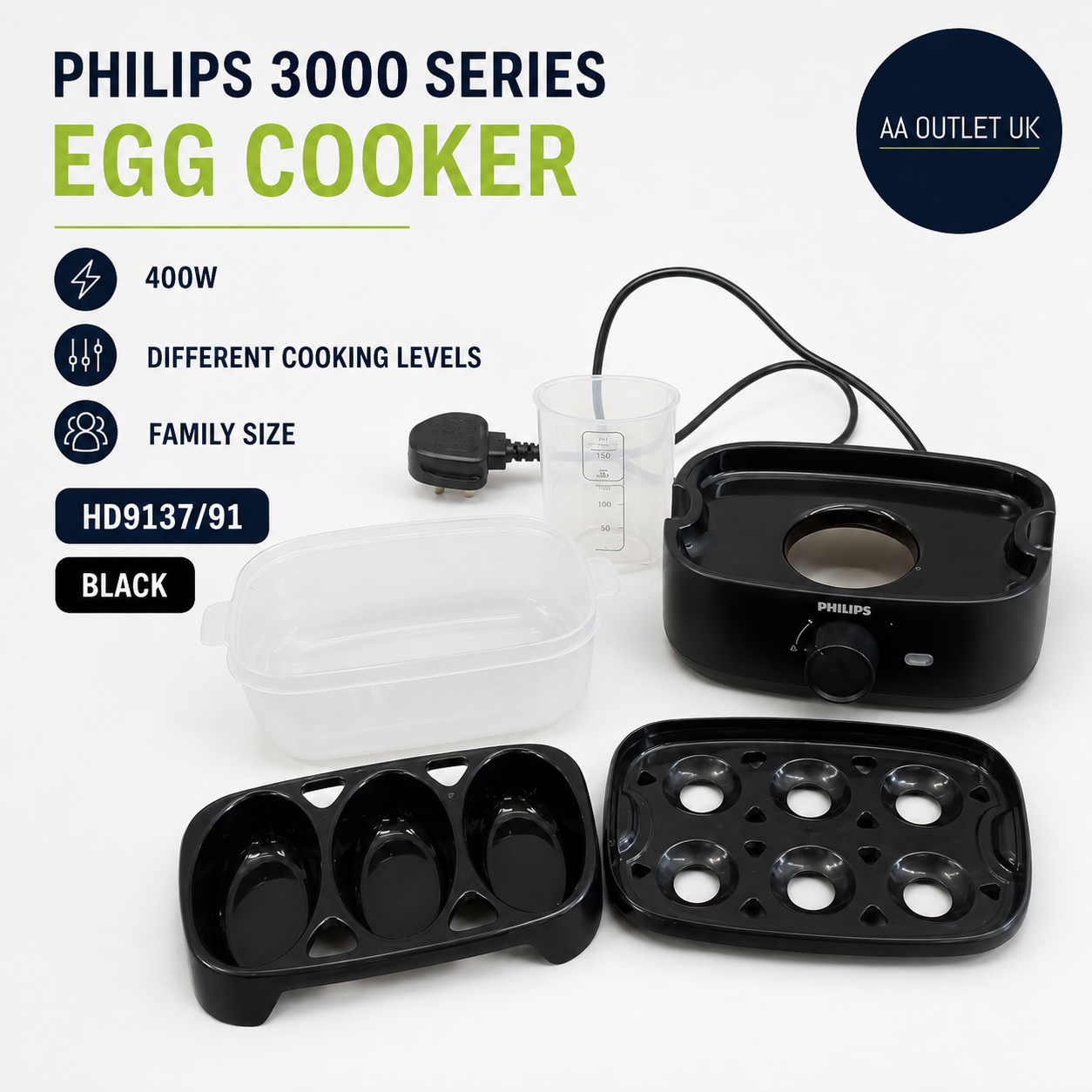 Philips 3000 Series HD9137/91 Egg Cooker 400w Different Cooking Levels Black