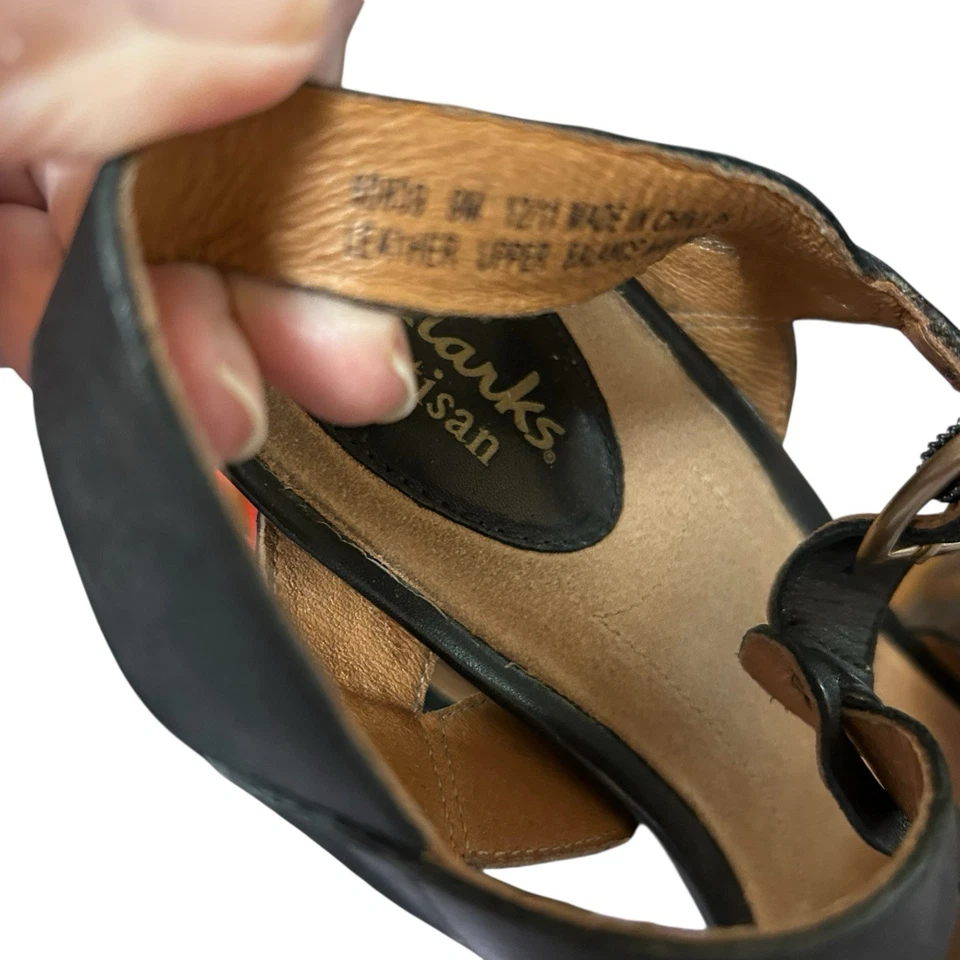 Sandalia de cuña Clarks Artisan 9M azul marino de cuero y madera correa para el tobillo Foto 4 de 4