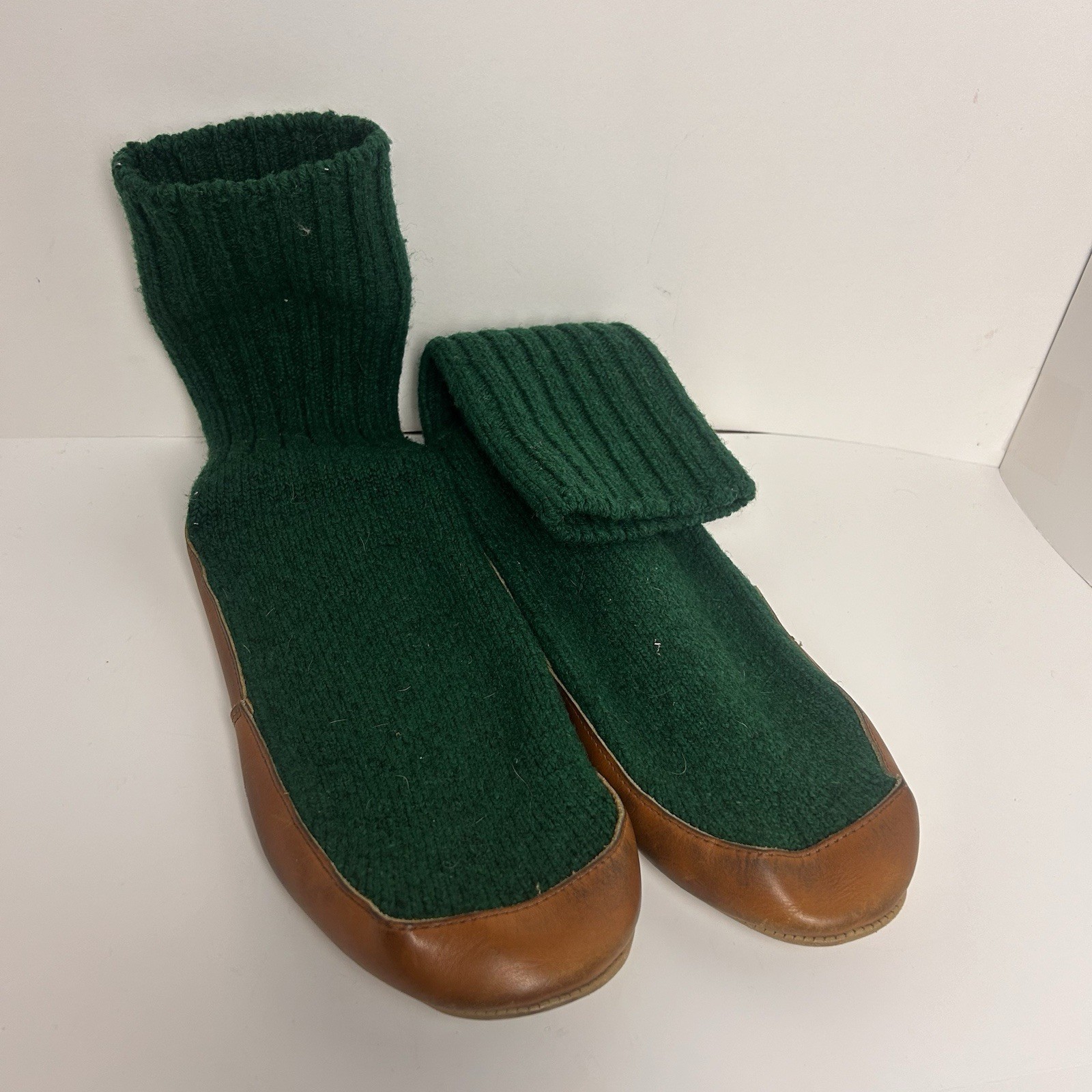 SAOLA Pantofole vintage LL Bean calze di lana taglia media verde suola in pelle pull on