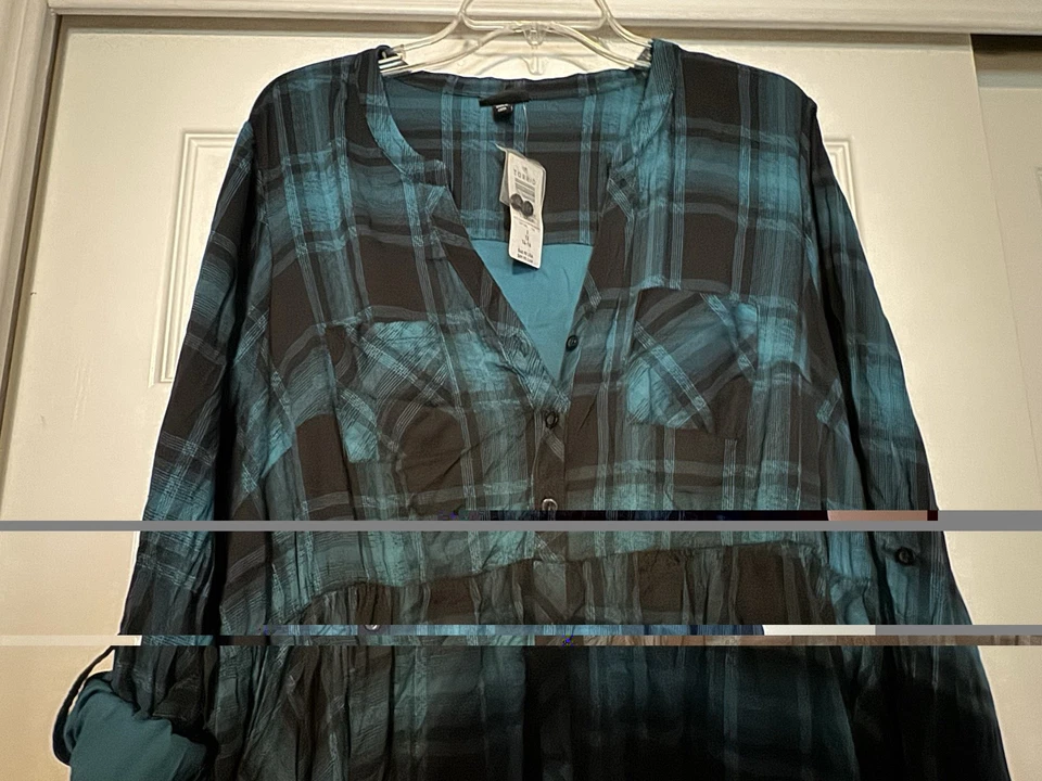 Vestido Camisa Torrid Mini Challis Botón Delantero Teal Cuadros 1X Nuevo con Etiquetas Foto 2 de 4