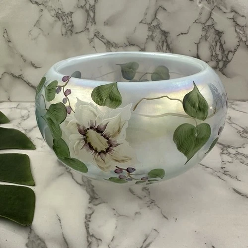 Fenton Vintage Hand Painted Floral Bowl Candle Holder Opalescent Iridescent