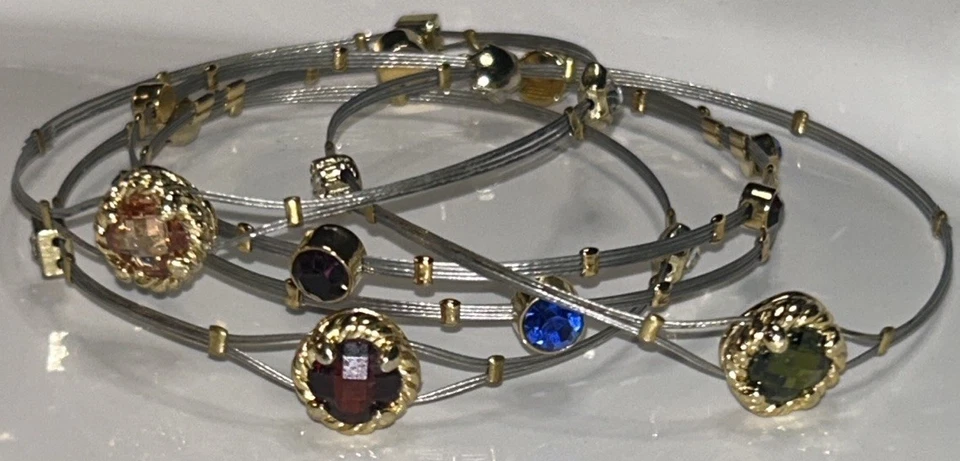 CINCO Pulseras Brazalete Cable Acero Inoxidable, Dos Tonos, Piedras Vidrio 2.75”, Italia Foto 3 de 3