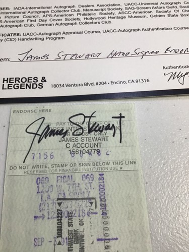 James Jimmy Stewart Hand Signed Autographed Endorsed Check With COA 🔥