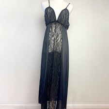 Vintage 80s Sheer Black Lace Romantic Dark Coquette Gothic Slip Dress Nightgown