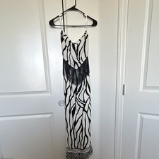 Windsor Zebra Print Maxi Dress S Ivory/Black Fringe Spaghetti Straps V-Neck