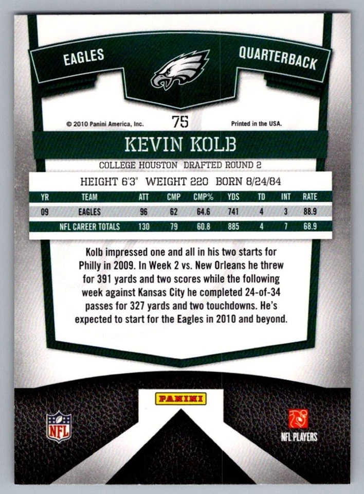 2010 Donruss Elite Kevin Kolb Philadelphia Eagles #75 - Image 2 of 2