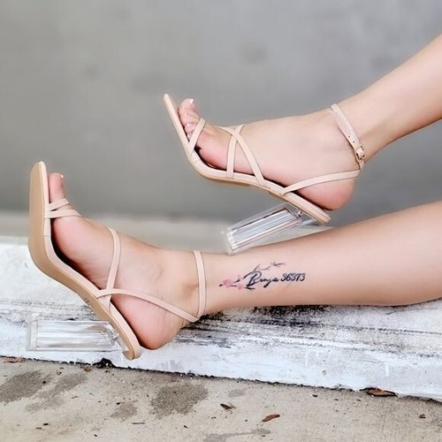 Women Square Toe Clear Block High Heel Sandals Nude Color - Picture 3 of 5