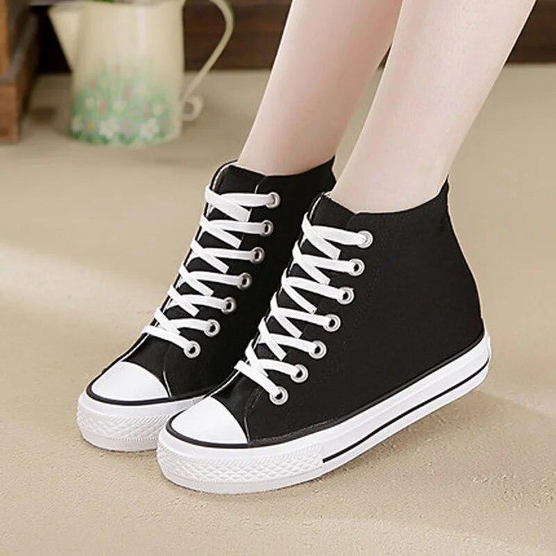 Womens Trainers Canvas Hidden Wedge Heels High Top Lace Up