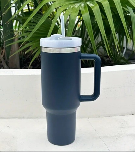 New Navy Blue 40 oz TUMBLER Cup Stainless Steel with Handle Straw Lid - Picture 2 of 3
