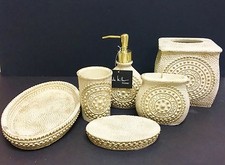 NEW NICOLE MILLER 6 PC SET BEIGE GOLD RESIN SOAP DISPENSER+DISH+TUMBLER+TRASH+2
