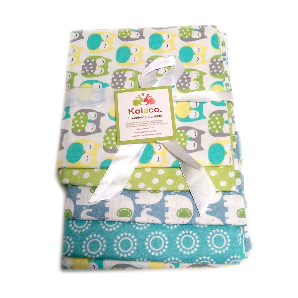 KOLACO Baby Swaddle Flannel Receiving Blanket set 100% Cotton, Owl Elephant  Dots