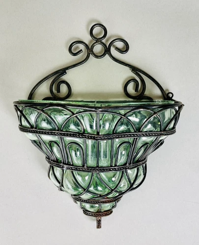 Mid Century Iron & Green Depression Glass Planter Unique