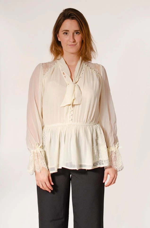 River Island Lace Pussy Bow Blouse Ivory Cream Covered Buttons Peplum - Image 2 of 4
