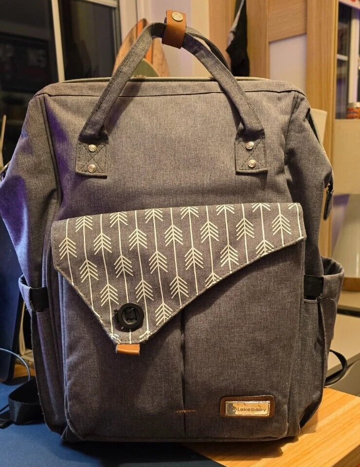 Lekkebaby Nappy Changing Bag Backpack with Changing Mat - Grey with Arrow Print