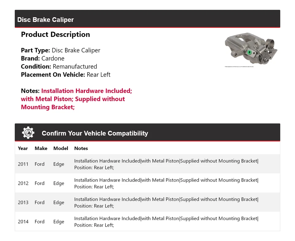 Pinza de freno de disco trasera izquierda Cardone 2012 2013 Ford Edge 2011-2014 Foto 2 de 4