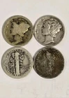 140CP2104 LOT OF 4 MERCURY DIMES 1917-45 PHILADELPHIA 10c COINS G 79+ YEARS OLD!