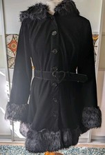 Collectif Velvet Hooded Black Coat Size 16. Faux Fur Trim. Belted. Fit and Flare
