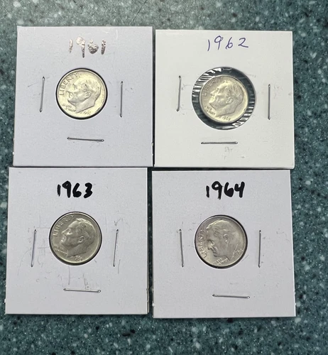 Lot of 4 Circulated Roosevelt Dimes 1961, 1962, 1963, and  1964 AU  #CC 108